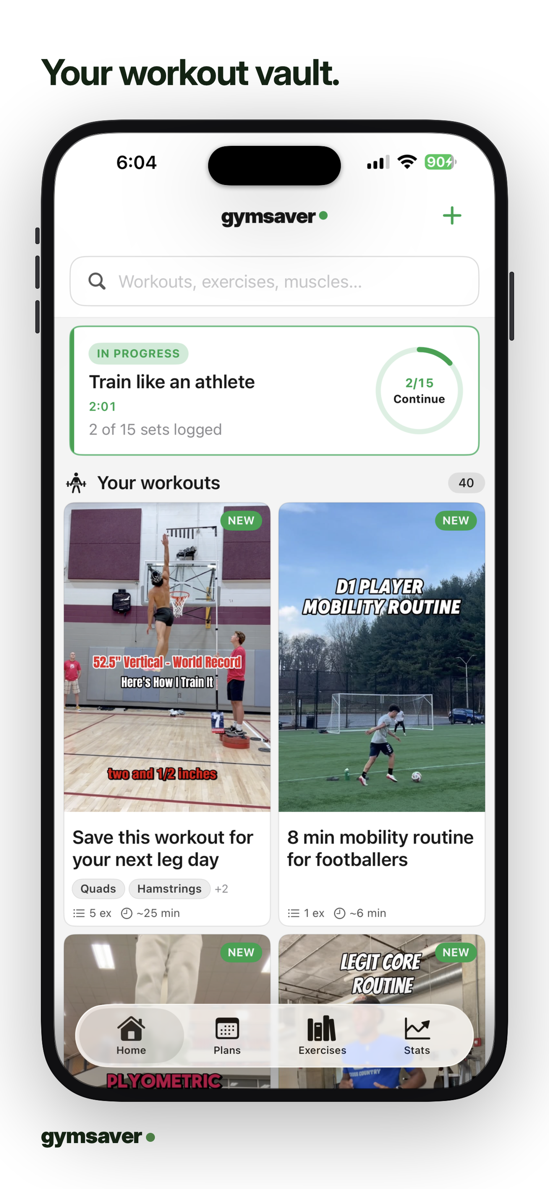Your workout vault. Home screen with saved reel workouts.