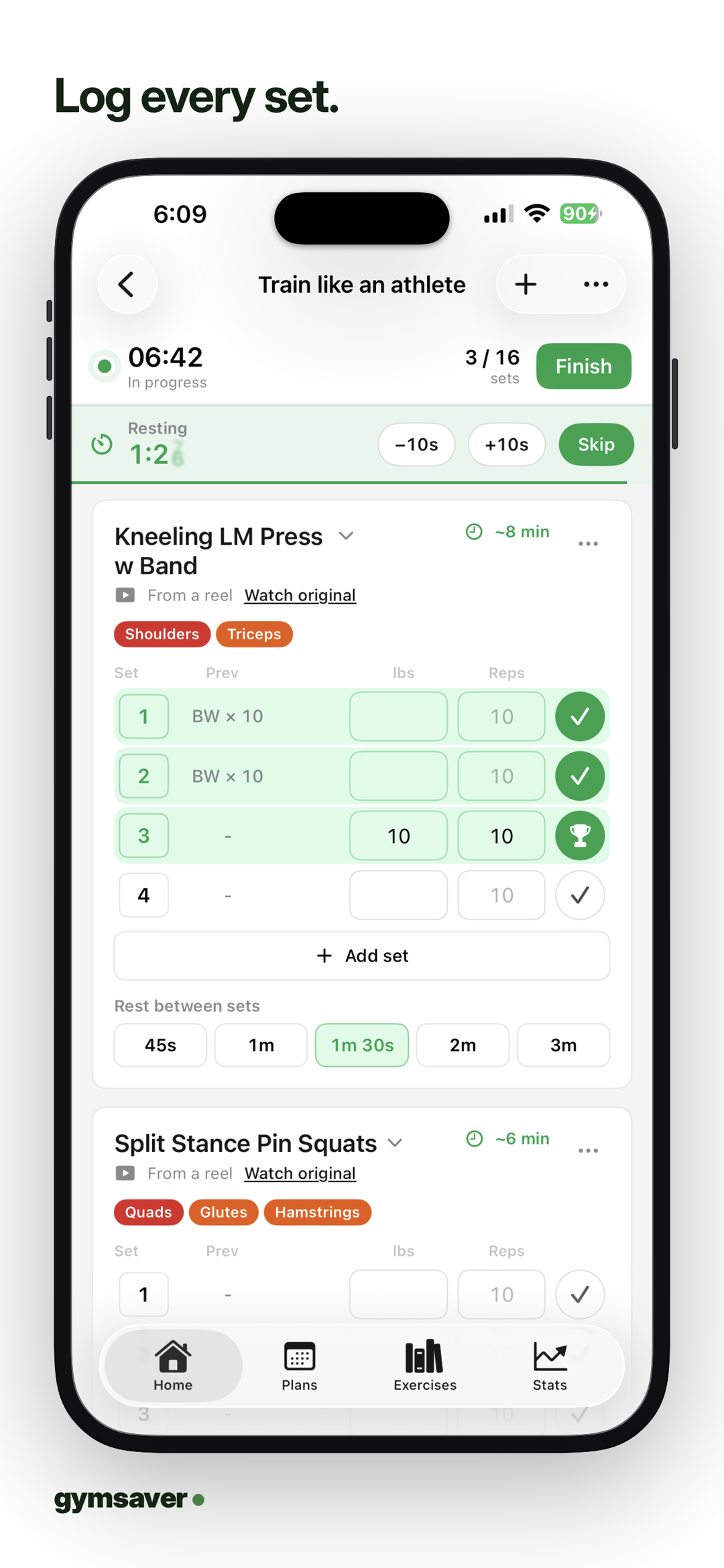 Log every set. Workout player with rest timer and set tracking.
