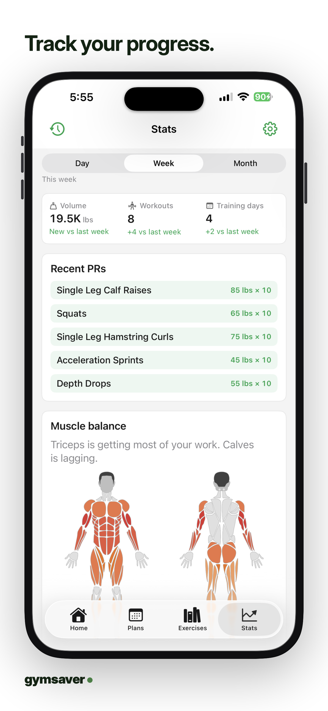 Track your progress. Weekly volume, PRs, and muscle balance.
