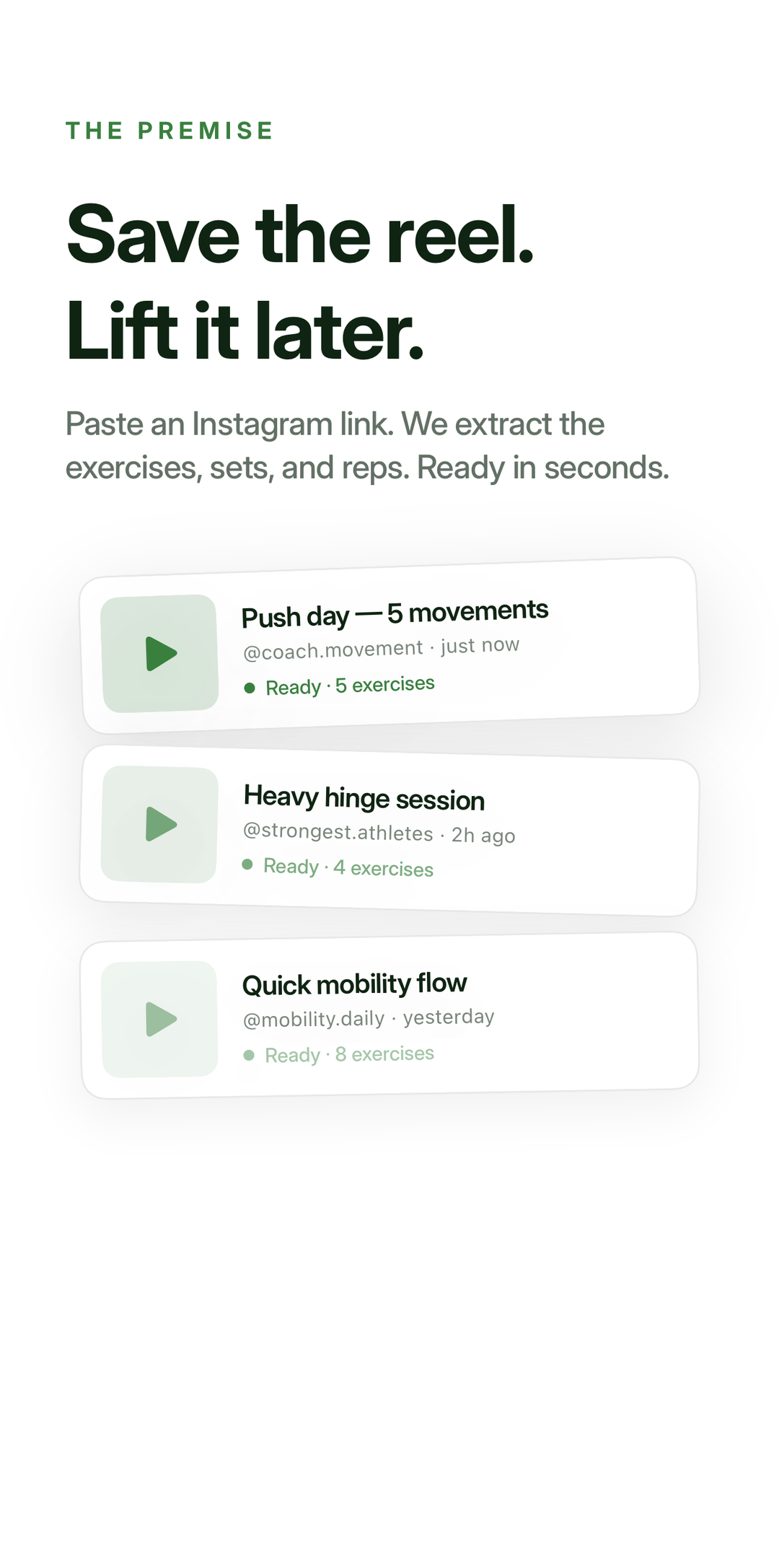 A stack of saved Instagram reels, each parsed into a workout card.